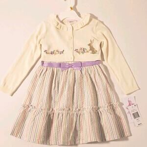 New 3T Bonnie Jean Easter Dress Seersucker Cream Bunny Embroidered Cardigan Set
